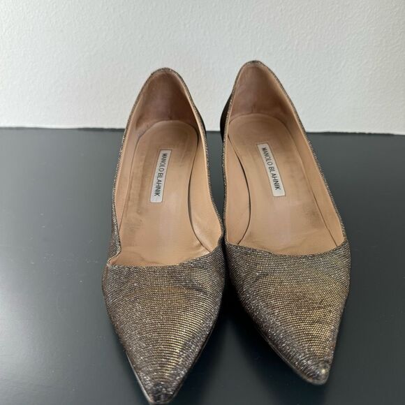 Manolo Blahnik Lurex Glitter Gold Metallic Pointed Kitten Heel Size 40 9.5 Party - Picture 2 of 15
